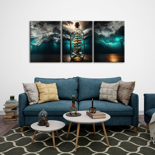 Uncharted Elegance: A Wall Art Capturing a Sailing Ship Encased in a Bottle Beneath the Ocean's Depths - A Captivating Fusion of Maritime Charm and Underwater Beauty - S05E81