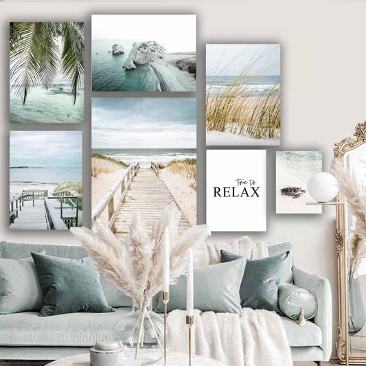 Vibrant Summer Beach Sea Ocean Wall Art, Bridge, Leaves, Turtle, Seagull - Nordic Home Decoration S04E23