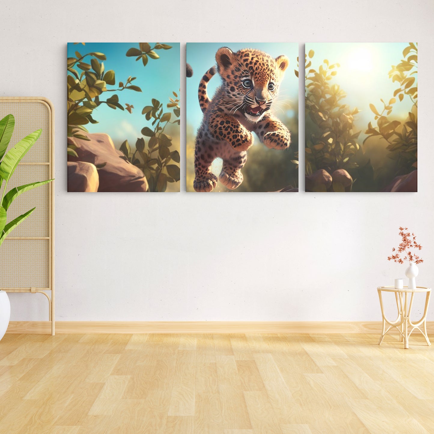 Whimsical Leap: A Wall Art Capturing the Playful Spirit of a Baby Leopard Jumping Over Stones in a Forest - Embrace the Joy of Nature's Marvels - S05E68