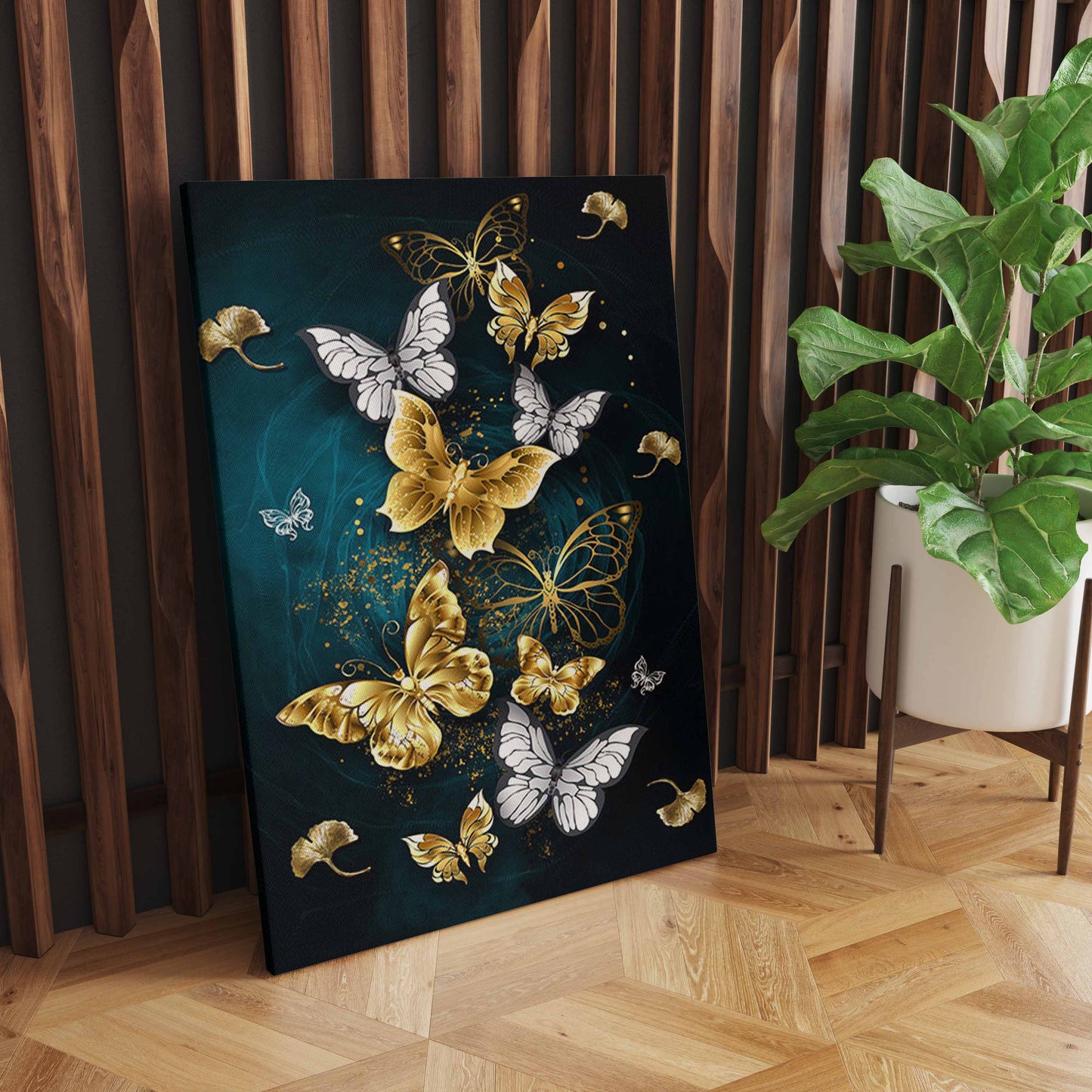 Beautiful Butterflies Art Wall Decor - Set of 3 Tiles with Gold, Blue, Black and White Print on Fabric Wrapped Around Wooden Frame - Perfect for Home or Office Decoration S04E29