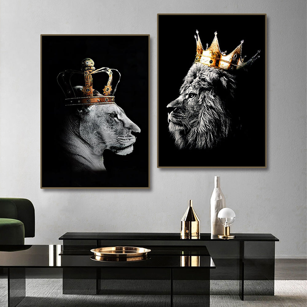 Black and White Lion King and Queen Animal Fabric Printing wall art, Nordic Decor Mural Pictures for Room S04E21